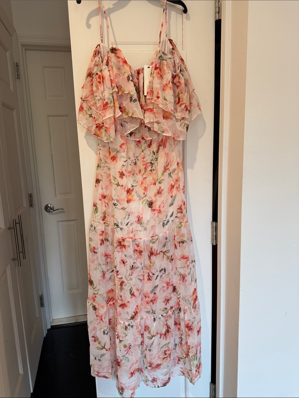 Jack by BB Dakota Floral Ruffle off shoulder Maxi Dress in Pink and Cream
